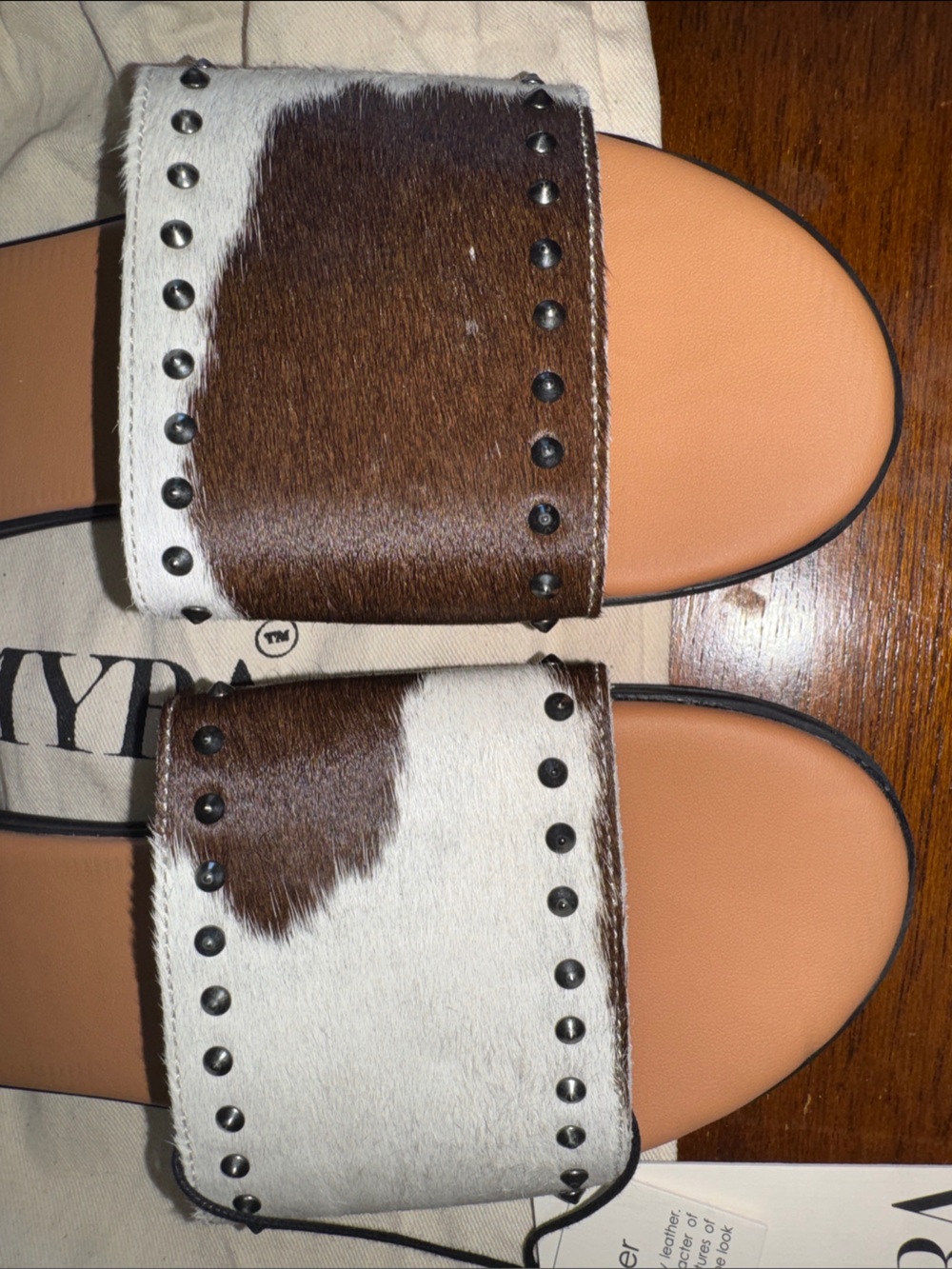 NWT & Bag Myra Cowhide Slide Sandals in Brown & White - Picture 2 of 5